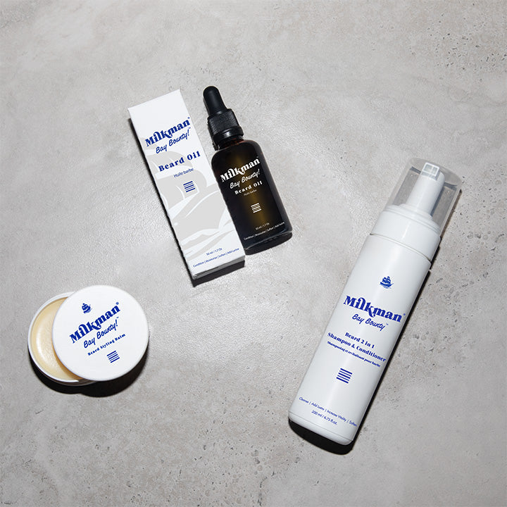 beard oil, beard wash and balm combo in bay bounty scent
