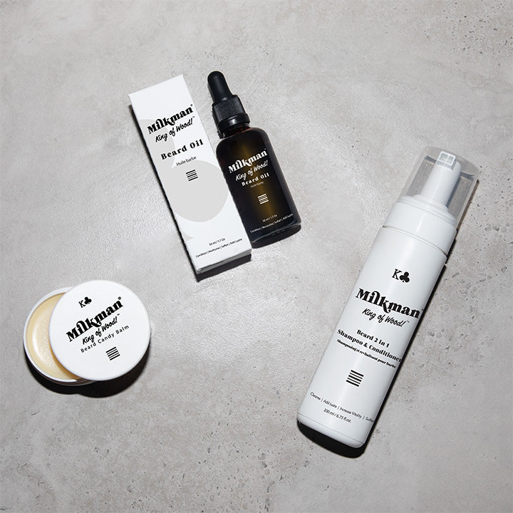 beard oil, beard wash and balm combo in king of wood scent