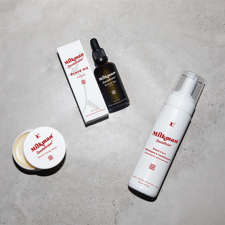 beard oil, beard wash and balm combo in sandalorian scent