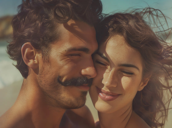 man with moustache after using milkman moustache wax beside girl friend at the beach
