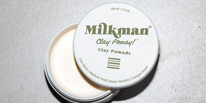 matte clay pomade (Clay Pomay) by Milkman Grooming co on grey background