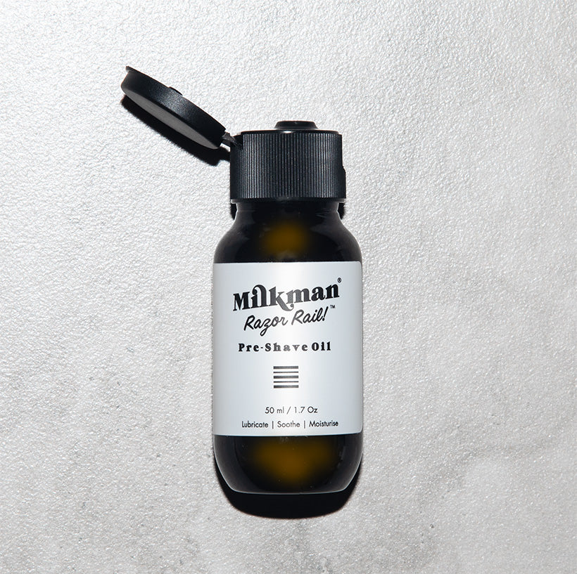 Milkman razor rail shave oil bottle with dripolator lid