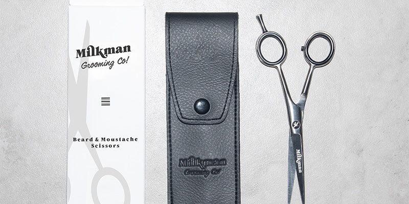 milkman premium beard scissors with leather look pouch and box
