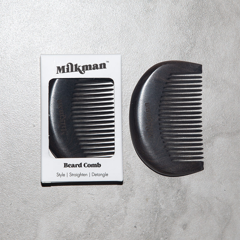 milkman wood beard comb with white box